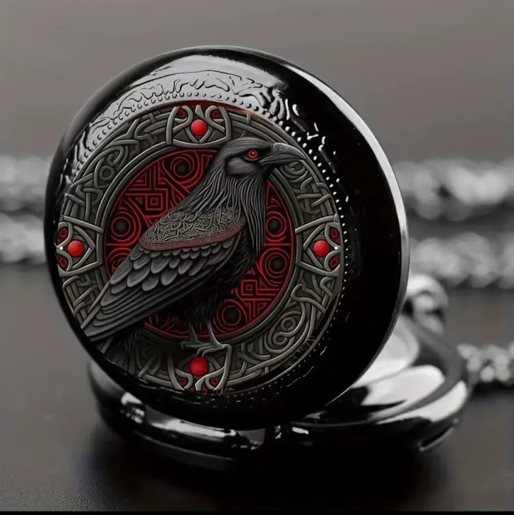 Gothic Raven Crown Pocket Watch Necklace Red Black Vintage Pendant Chain